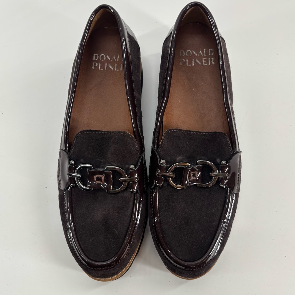 Donald Pliner Clio loafers brown suede patent leather 6.5 chunky heel 90s - Picture 10 of 12